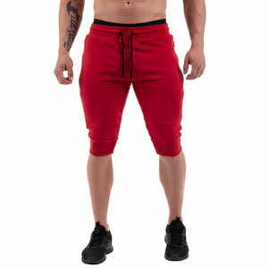 Men's cotton fitness sports shorts in red, black, and gray colors