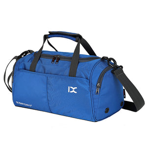 Portable polyester yoga sports bag in multiple colors including red, green, blue, and black combos
