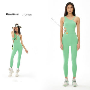Women's sleeveless breathable one-piece workout jumpsuit in Monet green, truffle, and clay colors