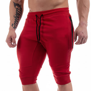 Men's cotton fitness sports shorts in red, black, and gray colors