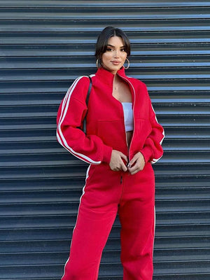 Women's contrast color sweatshirt cardigan and pants set in various colors