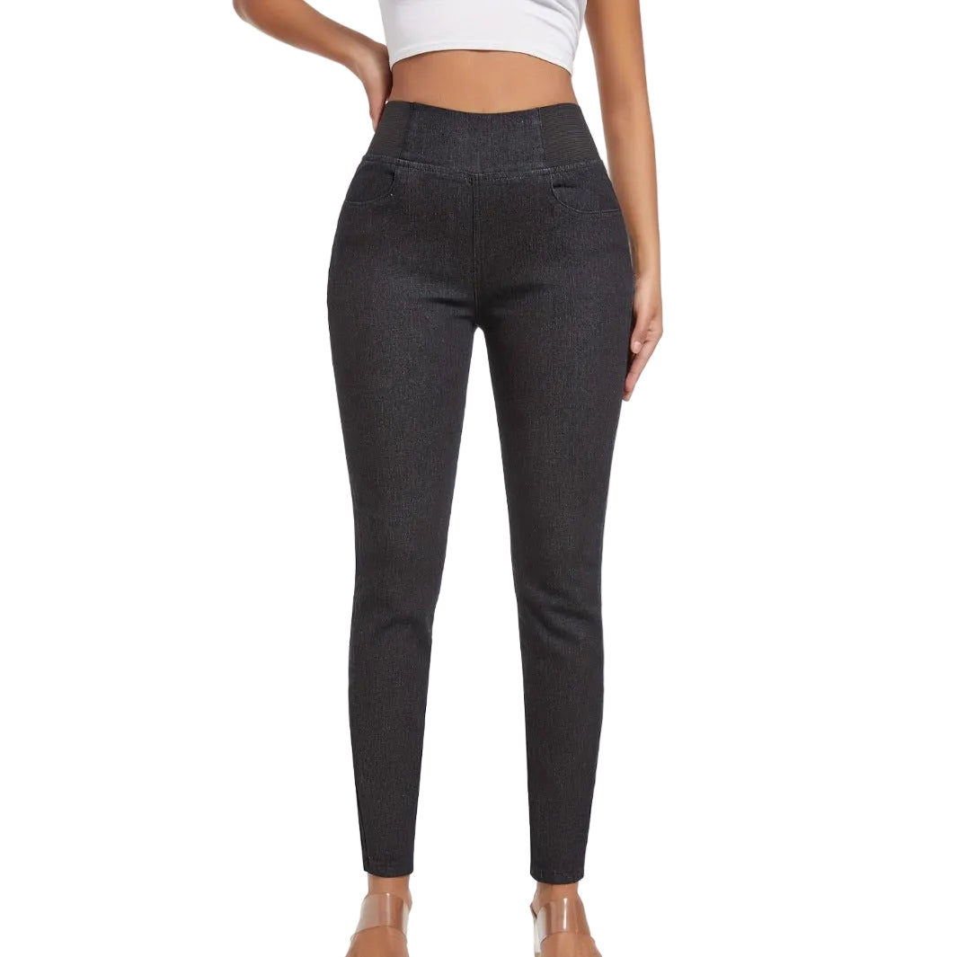 Women's fleece padded slim fit denim jeans in black and blue colors