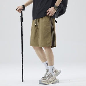 Men's quick-dry casual shorts with side ribbon stripes in black and khaki