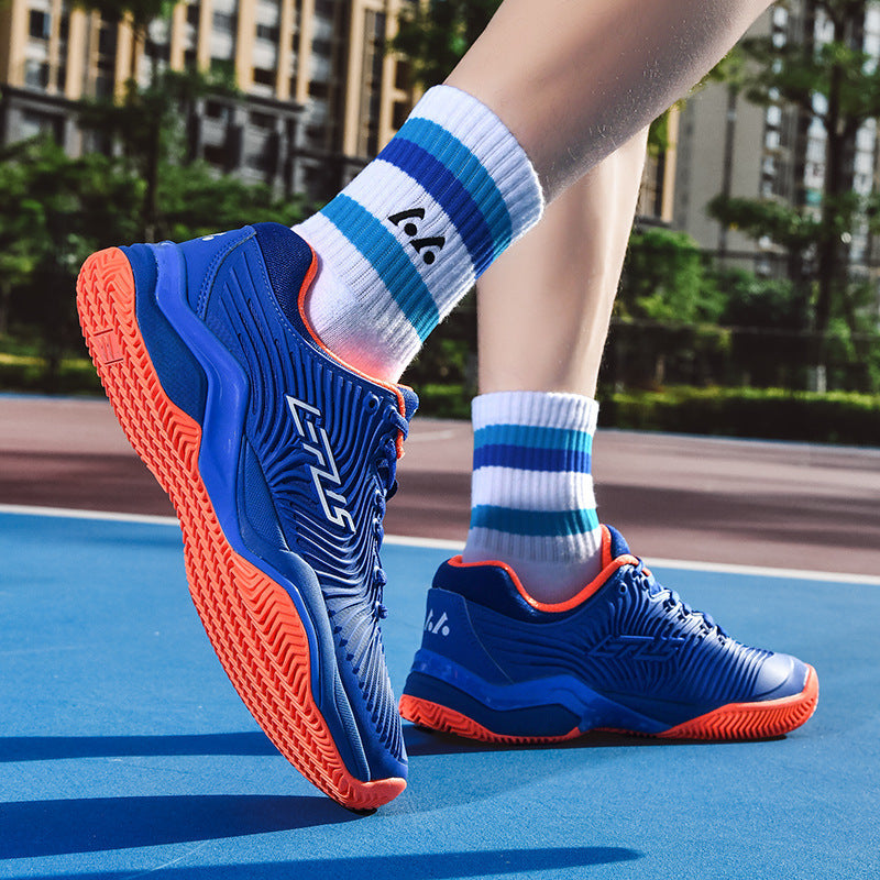 Breathable tennis and badminton sports shoes in Blue Orange, Dark Blue, and White Blue colors