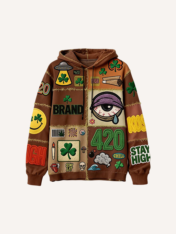 Casual printed polyester sweater in brown, grey, and green colors