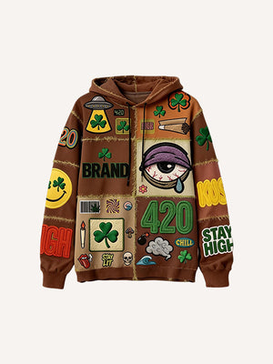 Casual printed polyester sweater in brown, grey, and green colors