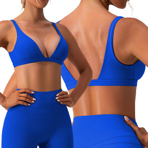 Women's deep V neck padded sports bra with removable pads in multiple colors