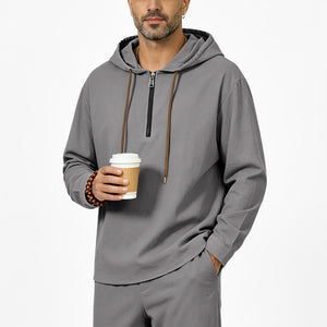 Men's linen hooded half-zip sweatshirt in various colors and sizes