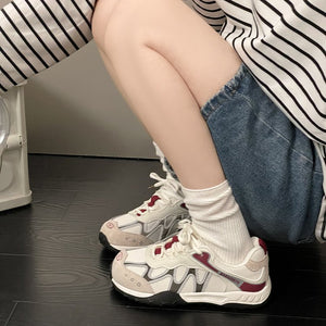 Women's retro color block mesh training shoes in grey and red with thick rubber sole
