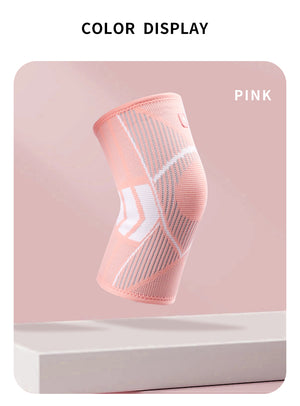 Knee compression sleeves in blue, pink, and black colors