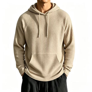 Men's relaxed-fit waffle knit hooded jacket in navy blue with raglan sleeves