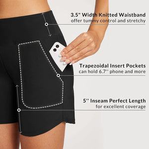 Women's quick dry athletic shorts in black and navy blue shown in various active and casual settings