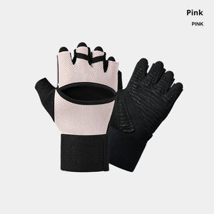 Gym gloves with built-in wrist straps in gray, black, and pink for pull-up and dumbbell exercises