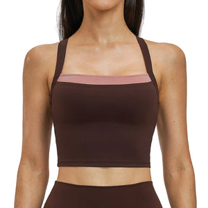 Fake two-piece contrast color crossed back sport bra in multiple colors