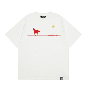 Warhorse print casual short-sleeve t-shirt in black, white, and red colors
