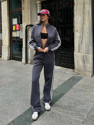 Women's contrast color sweatshirt cardigan and pants set in various colors