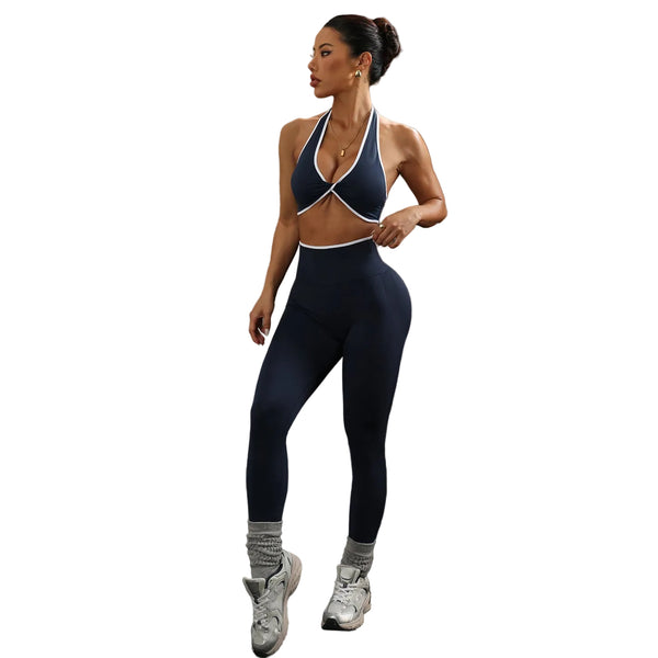 NECK-STRAP KNOTTED OPEN-BACK TOP AND YOGA PANTS SET FOR WOMEN