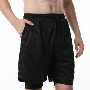 Men's blue 2-in-1 sauna sweat shorts with pockets shown from multiple angles