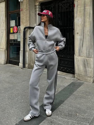 Women's contrast color sweatshirt cardigan and pants set in various colors