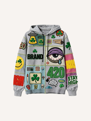 Casual printed polyester sweater in brown, grey, and green colors