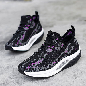 Women's breathable flyknit athleisure shoes in multiple colors with rubber sole and air cushion