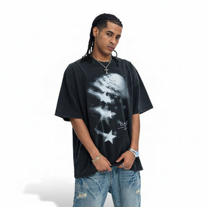 Vintage washed star distressed print t-shirt in washed black color, short sleeve, relaxed fit