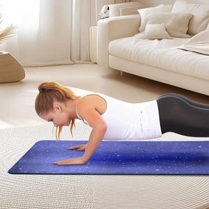 Blue multi-color non-slip TPE yoga mat measuring 72 by 24 inches