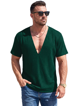 Mens waffle weave deep V short sleeve t-shirt in navy blue