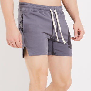 Men's three-point slit sports cotton shorts in charcoal gray, black, light gray, and white colors