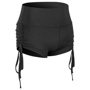 Women's side drawstring sports shorts in various colors including black, blue, green, red, grey, and purple