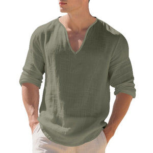 Men's linen v-neck long sleeve shirt in various colors