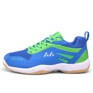 Unisex badminton training and running shoes in blue, sky blue, and yellow colors