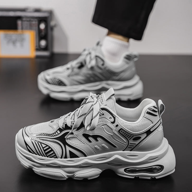 Men's breathable mesh platform sneakers in beige and gray with rubber outsole