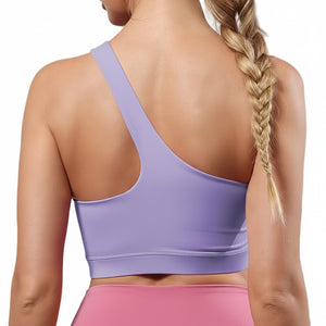 One-shoulder bare-feel sports bra in various colors with medium cup and halter neck straps