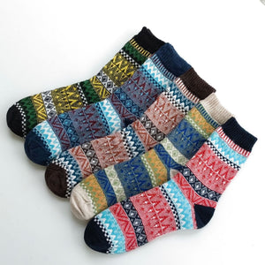 Vintage ethnic-style men's wool winter socks in assorted color block patterns
