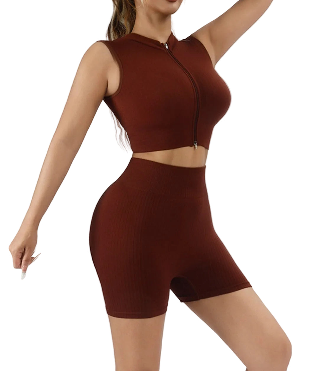 Women's 2-piece workout set with high-waisted tummy control shorts and sleeveless sports tank in multiple colors