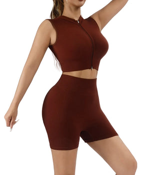 Women's 2-piece workout set with high-waisted tummy control shorts and sleeveless sports tank in multiple colors