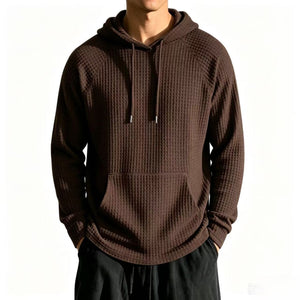 Men's relaxed-fit waffle knit hooded jacket in navy blue with raglan sleeves