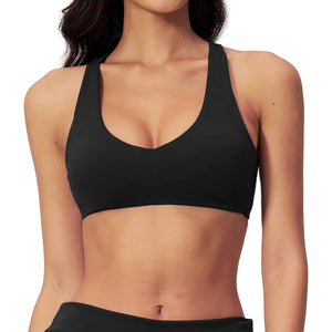 Womens sporty wire-free nylon bra with crisscross back in multiple colors