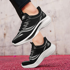 Men's summer fly knit mesh dad sneakers in black, blue, and gray with breathable mesh and rubber sole