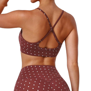 Push-up shockproof silver polka-dot yoga bra in rust red and black colors