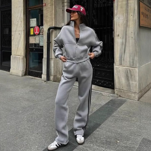 CONTRAST COLOR SWEATSHIRT CARDIGAN AND PANTS SET FOR WOMEN