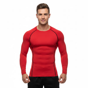 Men's long sleeve compression athletic shirt in purple with contrast raglan seams