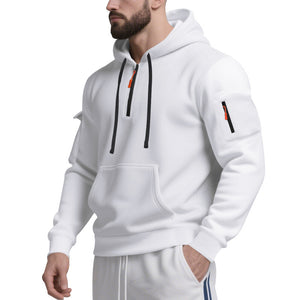 Men's long-sleeve hooded sweatshirt with patch pockets in various colors