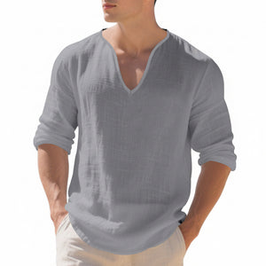 Men's linen v-neck long sleeve shirt in various colors