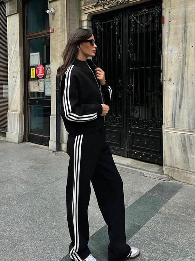 Women's contrast color sweatshirt cardigan and pants set in various colors