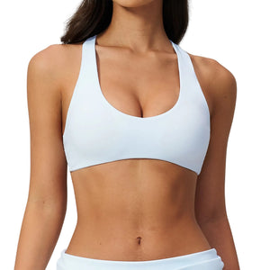 Womens sporty wire-free nylon bra with crisscross back in multiple colors