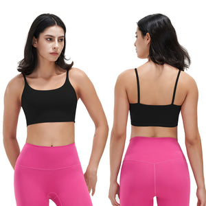 Women's strappy padded sport bra with square neckline and removable pads