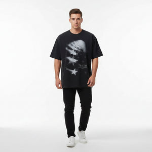 Vintage washed star distressed print t-shirt in washed black color, short sleeve, relaxed fit