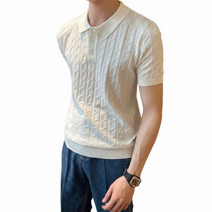 Men's summer striped short-sleeve polo shirt in black, white, gray, and green colors